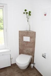 ein Bad mit WC und Vase darüber in der Unterkunft Ferienhaus für 2 Personen  1 Kind ca 35 m in Schwielochsee, Lausitz Niederlausitz in Schwielochsee