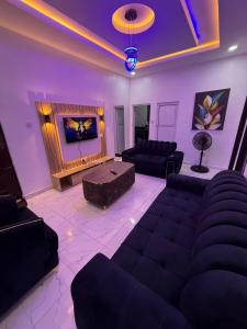 a living room with black couches and a television at Cool 2Bedroom flat in ogudu, 15mins to the airport in Ogudu