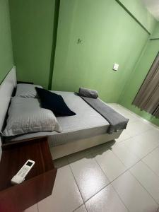 a bed in a green room with a remote control at ORLA FLAT - Apartamento 02 in Bragança
