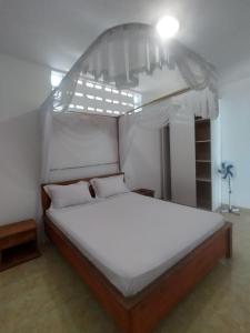 Un dormitorio con una cama blanca con dosel. en Résidence DELIA, en Antsiranana