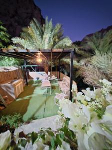 a patio with chairs and plants at night at Wadi Bani Khalid Guest house in Dawwah