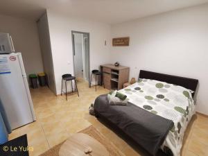 a bedroom with a bed and a kitchen with a refrigerator at Studio Le Yuka entre Mer et Montagne in Montesquieu