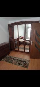 a room with a large wooden door and a rug at Apartament LUXURY Cluj in Floreşti