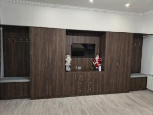 een kamer met houten kluisjes en een tv aan de muur bij Brukenthal House in Sibiu