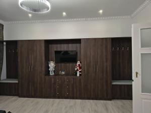 een kamer met houten kasten en een tv aan de muur bij Brukenthal House in Sibiu