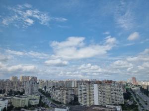 vue d'une ville avec de hauts bâtiments dans l'établissement Panoramic view Lebedinny flat, à Kiev