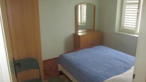 a bedroom with a blue bed and a mirror at Holiday House in Sušica