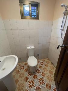 a bathroom with a white toilet and a sink at Brimelia Lodge 