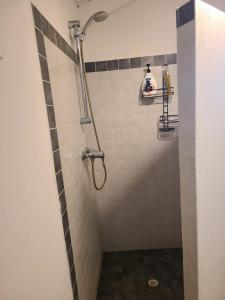 a shower in a bathroom with black and white tiles at Blue Sail Apartments in Simpson Bay