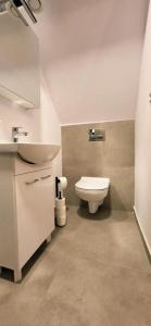 une salle de bain avec un lavabo et des toilettes dans l'établissement Ciechówka, à Wilimy 16 autres photos
