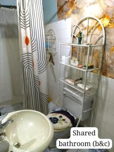 Un baño con lavabo y cortina de ducha. en Captain Morgan House, en Kingston