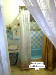 Habitación con baño con cortina de ducha. en Captain Morgan House, en Kingston