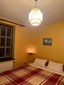 a bedroom with a bed and a chandelier at Namiņš Brīviņi in Jaunjelgava +23 photos