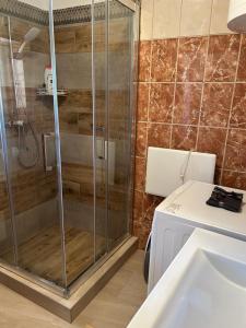 a shower with a glass door in a bathroom at Panoráma Terasz Vendégház in Noszvaj +8 photos