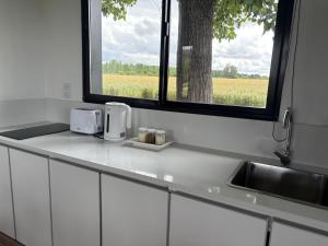 un comptoir de cuisine avec un évier et une fenêtre dans l'établissement Aires de Capilla, à Capilla del Señor 18 autres photos