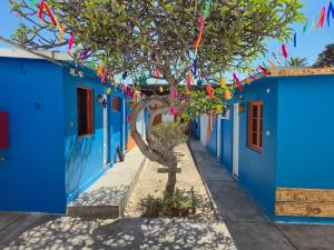 a street with blue houses and a tree with colorful flags at Illariy Wasi Hostal in Arica +26 photos