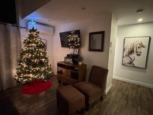 - un salon avec un arbre de Noël et un canapé dans l'établissement Spa - Foosball Table - Le Floriska, à Stoneham