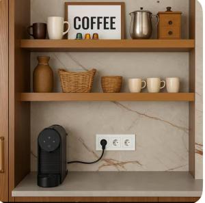 a black phone plugged into a outlet on a shelf at Stay&view Santarém in Santarém