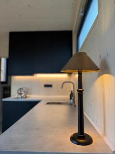 Eine kleine Lampe steht auf der Küchentheke. in der Unterkunft Upcyklovaný kontejnerový dům in Pardubice