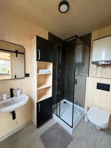 ein Badezimmer mit Dusche, Waschbecken und Toilette in der Unterkunft Upcyklovaný kontejnerový dům in Pardubice