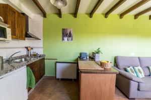 a kitchen with green walls and a couch at Casa El Olivo, Landhaus Mit Bergblick in Dúrcal