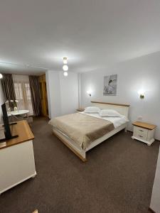 a bedroom with a bed and a desk and a television at Montana Inn Slănic Moldova in Slănic-Moldova