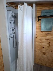a shower in a bathroom with a shower curtain at Depto Cabañero Lumai in Villa Ciudad Parque