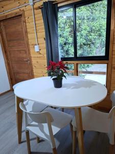 Villa Ciudad ParqueDepto Cabañero Lumai的有窗户的房间里有一张白色的桌子和几把椅子