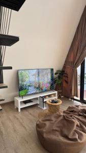 a living room with a large flat screen tv at sandhut77 in Al Raka