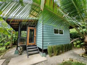 a blue house with a staircase leading to the door at Finca Cacao in Pavones