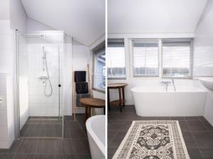 - deux photos d'une salle de bains avec baignoire et douche dans l'établissement Watervilla Den Oever VP066, à Wieringerwerf 22 autres photos