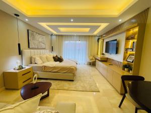 Puerto PlataMarien Residences 305 Deluxe High Floor Condo的房间里有一张床和一台电视的卧室