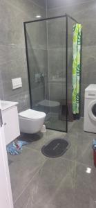 ein Badezimmer mit Toilette und Glasdusche in der Unterkunft Locker in Prizren