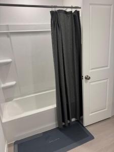 Un armario con cortina de ducha y puerta. en new and beateful house, en Hockley