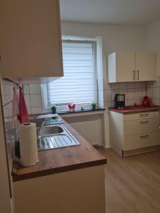 a kitchen with a sink and a counter top at Zentrale, Liebevoll Eingerichtete Ferienwohnung in Monheim