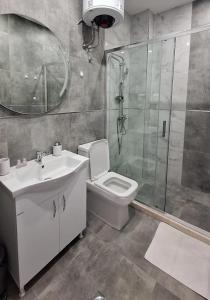 a bathroom with a toilet and a shower and a sink at APART-HOTEL PRESiDENT 2 in Ulcinj