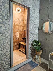 a bathroom with a shower with a mirror and a plant at Habitación standard - SKYHOME I in Luque
