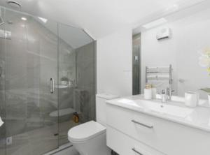 基督城2 Bedroom townhouse with garage close to Hagley Park, Westfield Mall, Railway Station, Hospital and Wolfbrook Arena的带淋浴、马桶和水槽的浴室 更多8张照片