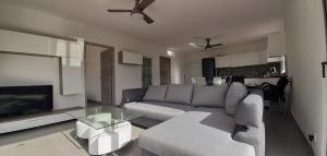 ein Wohnzimmer mit einem grauen Sofa und einem TV in der Unterkunft Villa Mit Privatem Pool Casa Da Bananeira in São Bartolomeu de Messines