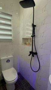 eine Dusche in der Ecke eines Badezimmers mit Toilette in der Unterkunft House of jessy in Iju