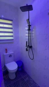 ein Badezimmer mit Toilette und Dusche in violettem Licht in der Unterkunft House of jessy in Iju + 65 Fotos