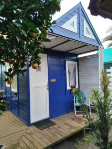 a blue shed with a white door on a deck at Mini House Park in Campo Alegre