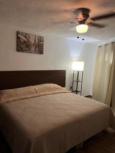 a bedroom with a bed and a ceiling fan at Casa Stone Laja in Guadalajara