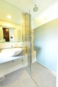 a bathroom with a sink and a glass shower at Hotel Chancellor@Orchard in Singapore