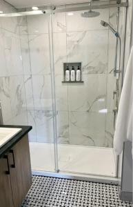 a bathroom with a shower with a glass door at Hôtel Ardouin in Nominingue +10 photos
