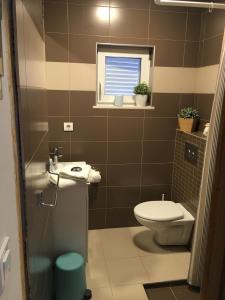 a bathroom with a toilet and a sink and a window at Gemütliches Haus In Drvenik Mali Mit Meerblick in Dolići +20 photos