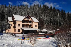 ein großes Haus im Schnee mit Bäumen in der Unterkunft Pensiunea Tora in Vatra Dornei