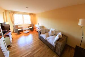 a living room with a couch and a television at Ferienwohnung Villa Albatros In Oberdellach in Ober-Dellach