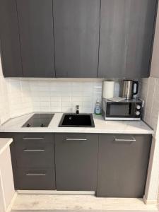 een keuken met een spoelbak en een magnetron bij Jurges Relax Graza in Daugavpils