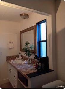 Cozy private room and kitchen في Princeton: حمام مع حوض ومرآة